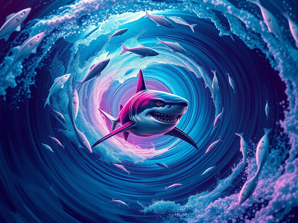 A swirling vortex in the ocean, with a lone shark at its center. Everything else—waves, fish, even time itself—seems to orbit around its presence, symbolizing absolute market dominance and gravitational influence over an industry