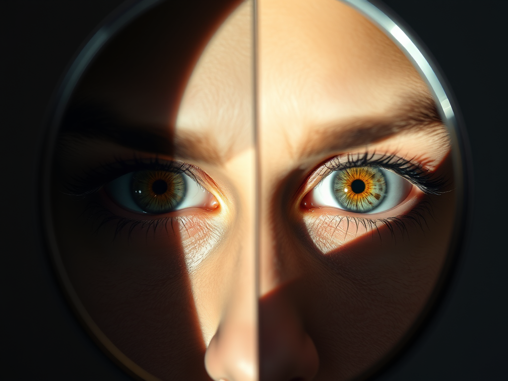 Close-up of a woman’s face reflected in a mirror, divided by light and shadow. Her bright, golden eyes stare with piercing awareness, symbolising deep self-reflection, duality, and truth-seeing.