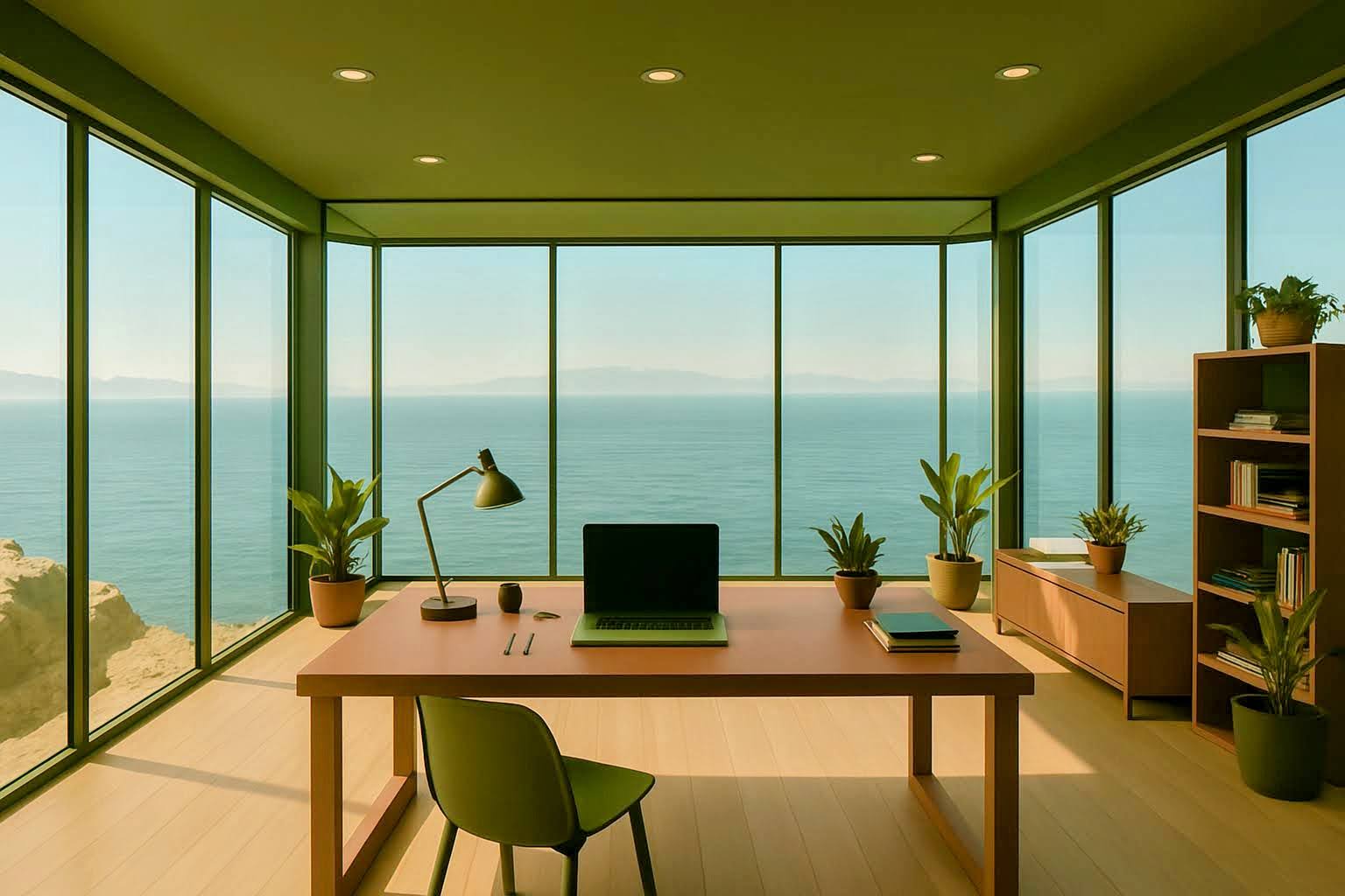 A clean, modern workspace overlooking the sea, designed for high-level strategy, inspiration, and remote productivity.