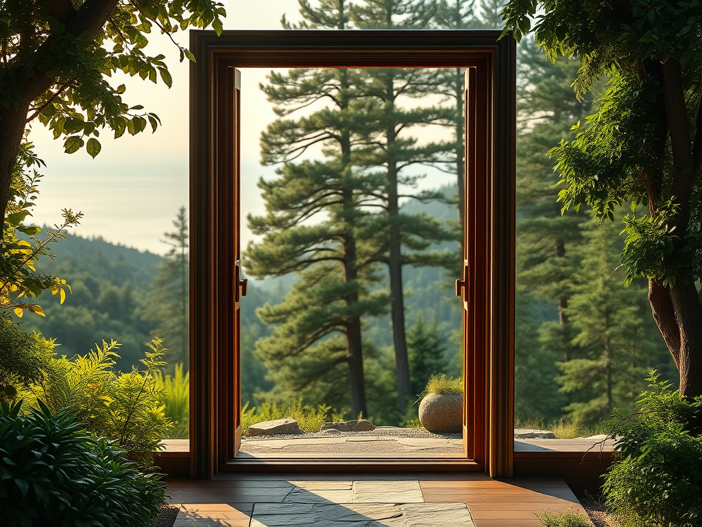Open wooden doorway with scenic forest view, symbolising intentional business design, clarity, and calm workspaces