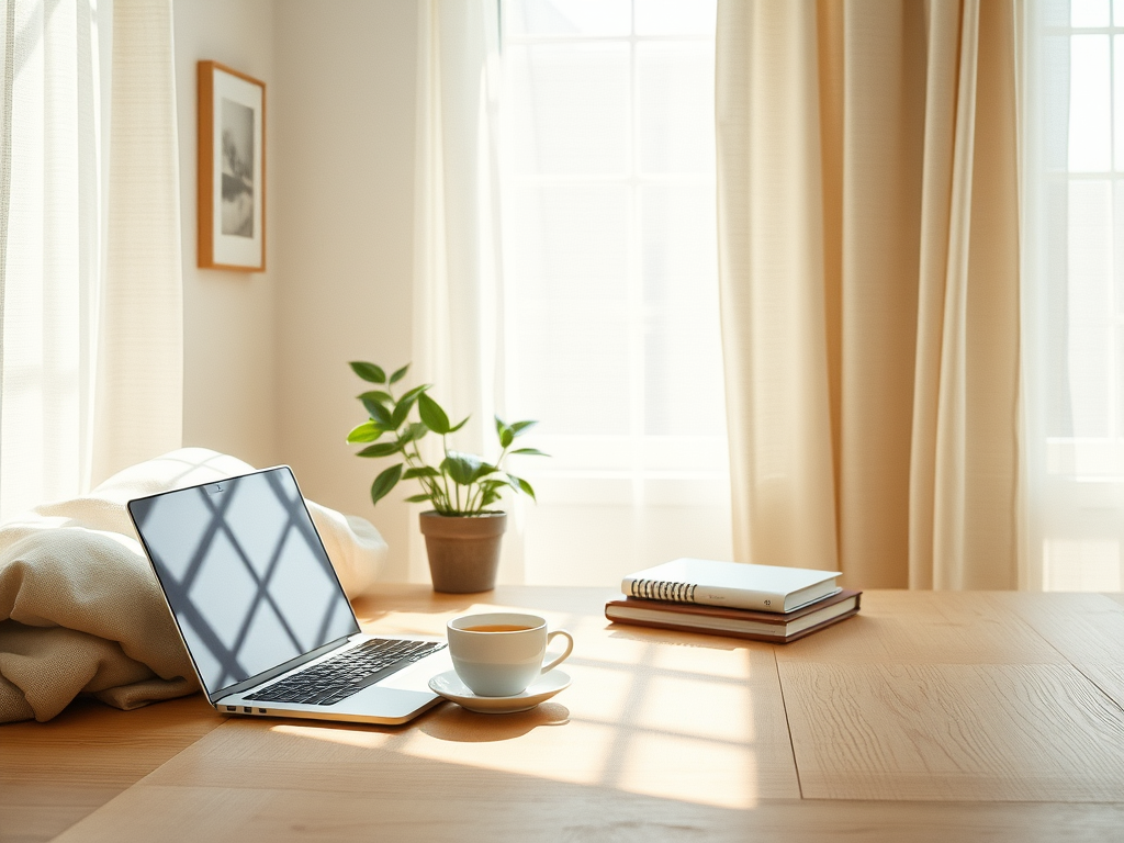 Minimalist home workspace with laptop, tea, and notebooks by sunlit window, representing calm systems and mindful business strategy